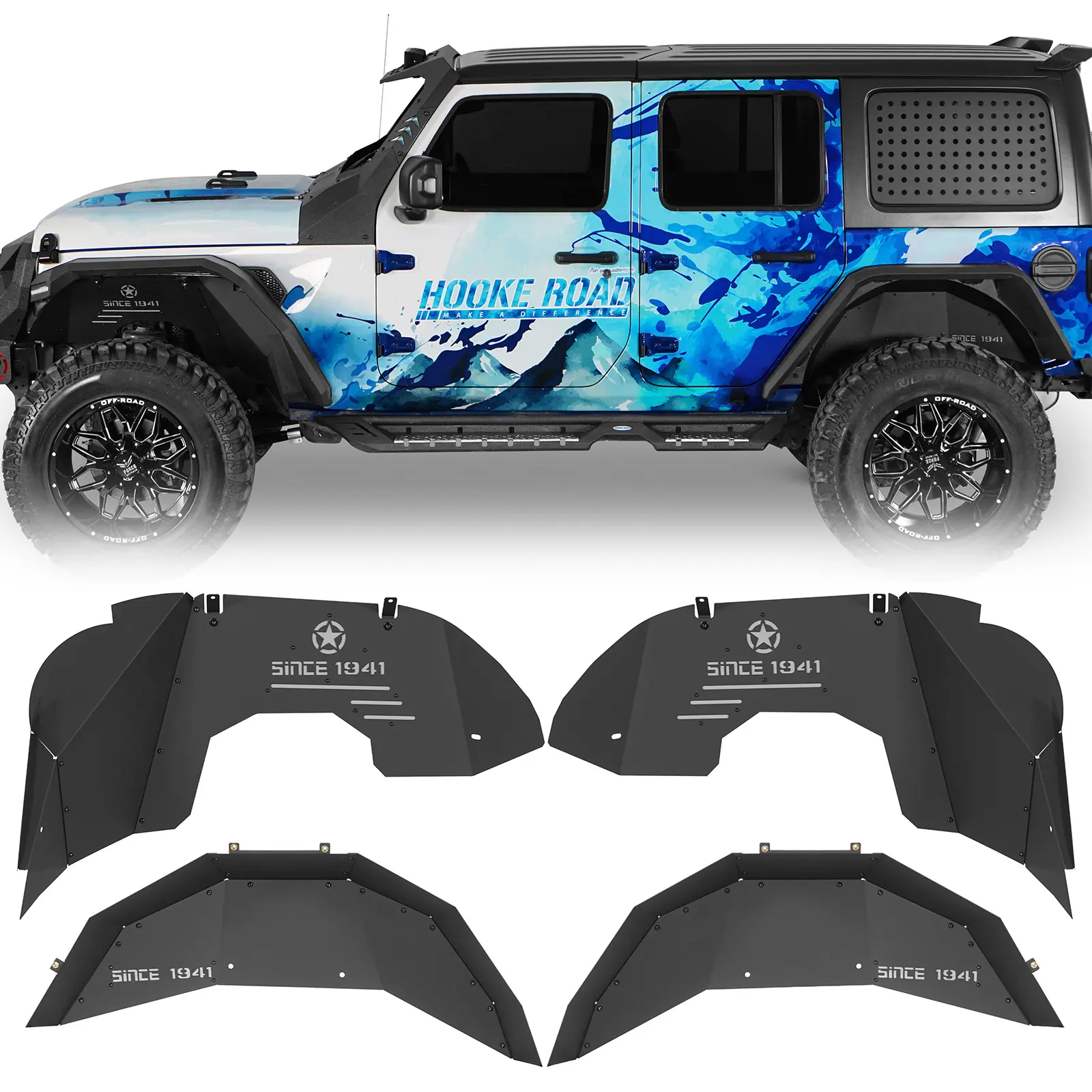 Hooke Road Aluminum Front & Rear Inner Fender Liner - 19 lbs Lightweight Car Exterior Mud Flaps Splash Guards for 2018-2026 Jeep Wrangler JL (Excluding Rubicon 3.6L Engine), Increases Protection Against Rocks, Sand, Debris, Enhances Clean Appearance