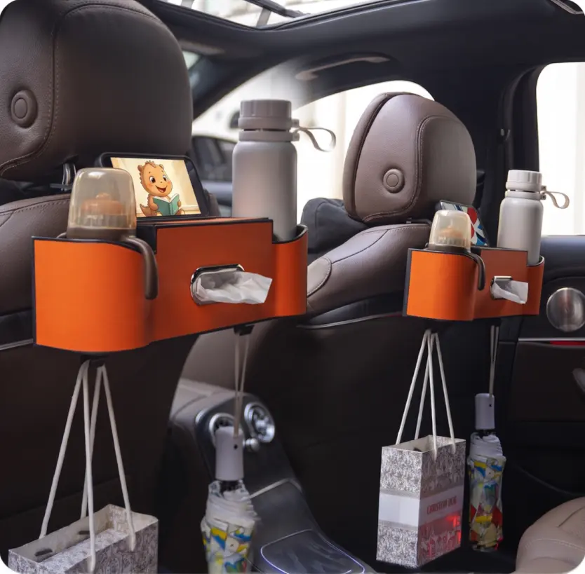 High Quality Car Seat Back Storage Organizer Box, Multifunctional Rear Seat Storage with Tissue Dispenser, Dual Cup Holders and Bag Hooks, Universal Car Interior Accessory for Family Road Trips, Fits Both Left & Right Rear Seats