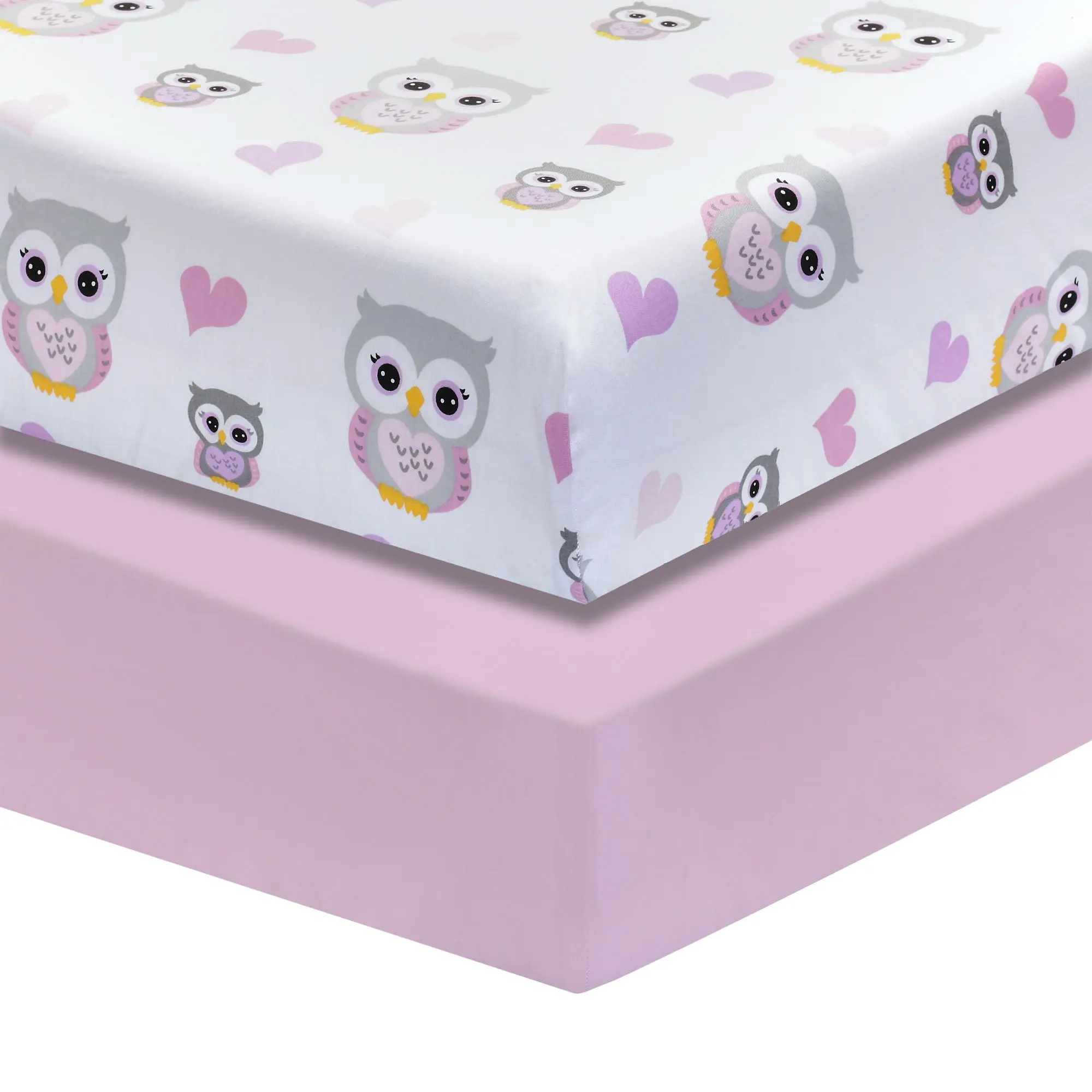 Everyday Kids 2 Pack Fitted Crib Sheet, 100% Soft Breathable Cotton its Standard Size Crib Mattress 28in x 52in- Owls/Pink