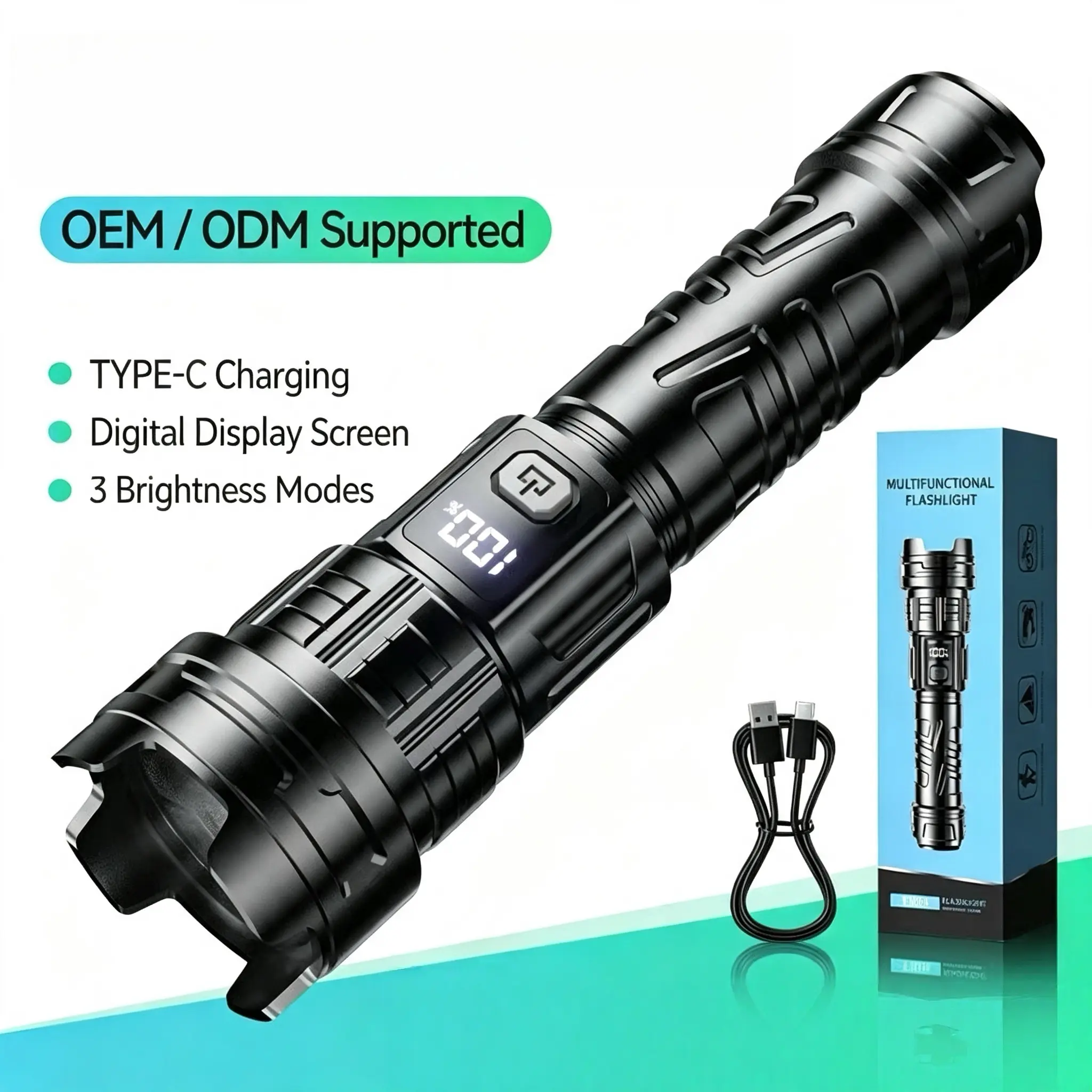 Zoomable LED Flashlight with Digital Power Display, Type-C Rechargeable Tactical Torch, 3 Brightness Modes, IPX4 Water Resistant Portable Flashlight for Camping, Hiking & Emergency