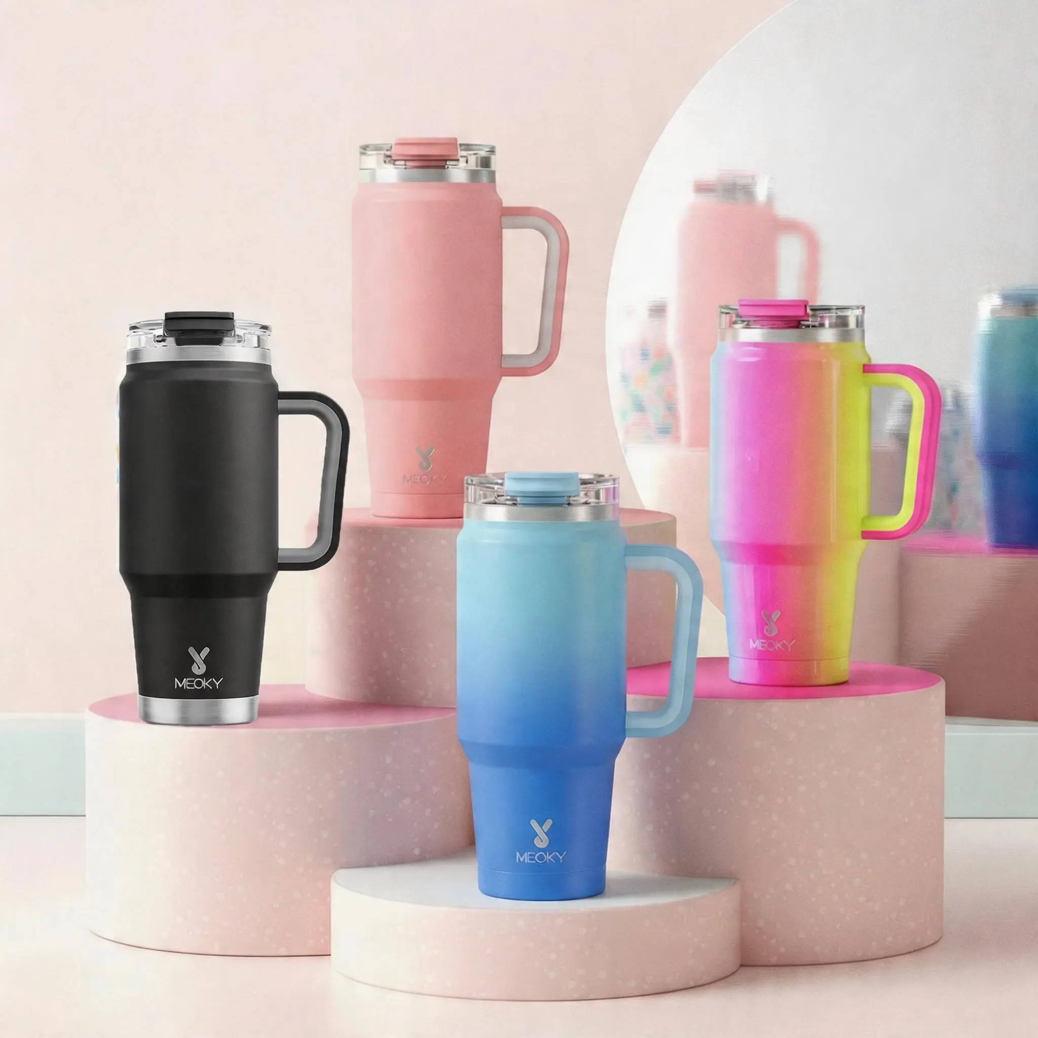 MEOKY 32oz Portable Stainless Steel Vacuum Insulated Flask, Leak-Proof Travel Coffee Mug with Handle, 2-in-1 Straw & Sip Lid, Keeps Cold 24H/Hot 8H (Night), Flasks