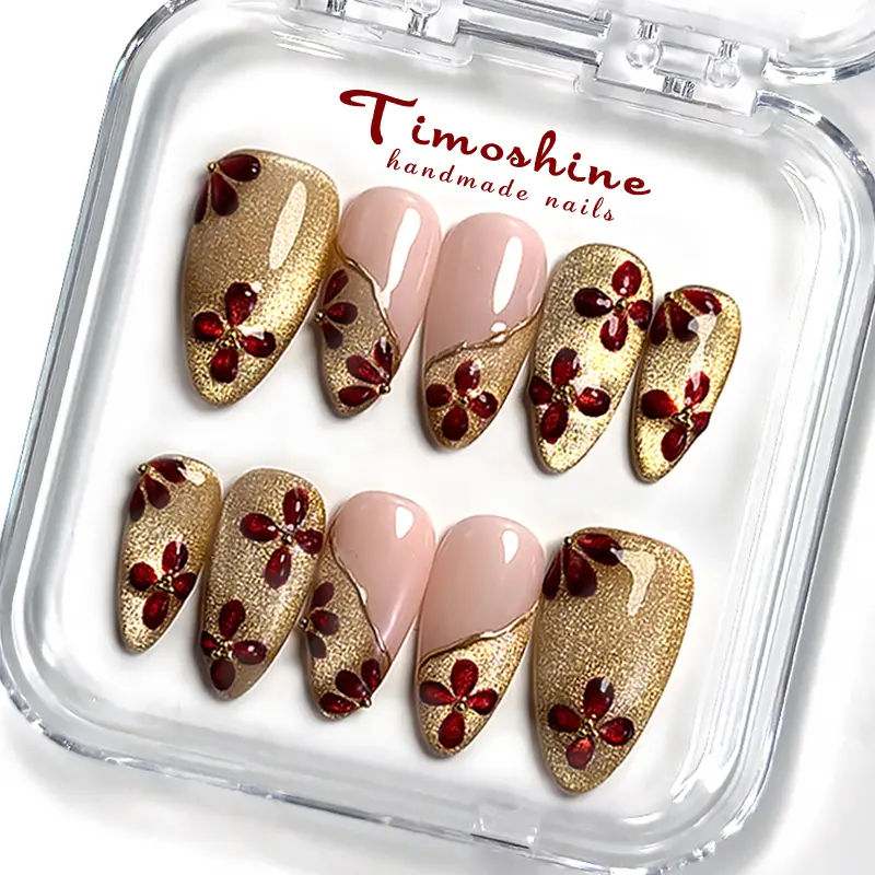 Timoshine Cinnamon Bloom 10PCS Handmade Press On Nails REUSABLE 3D Gel Fake Nails Acrylic Press Nails Eco-Friendly Long-Lasting Salon-Quality