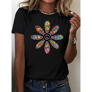 Women's Crew Neck Short Sleeve T-Shirt with Colorful Floral and Peace Sign Print - 100% Cotton Summer Casual Tee Top Womenswear Black Fitted Crewneck