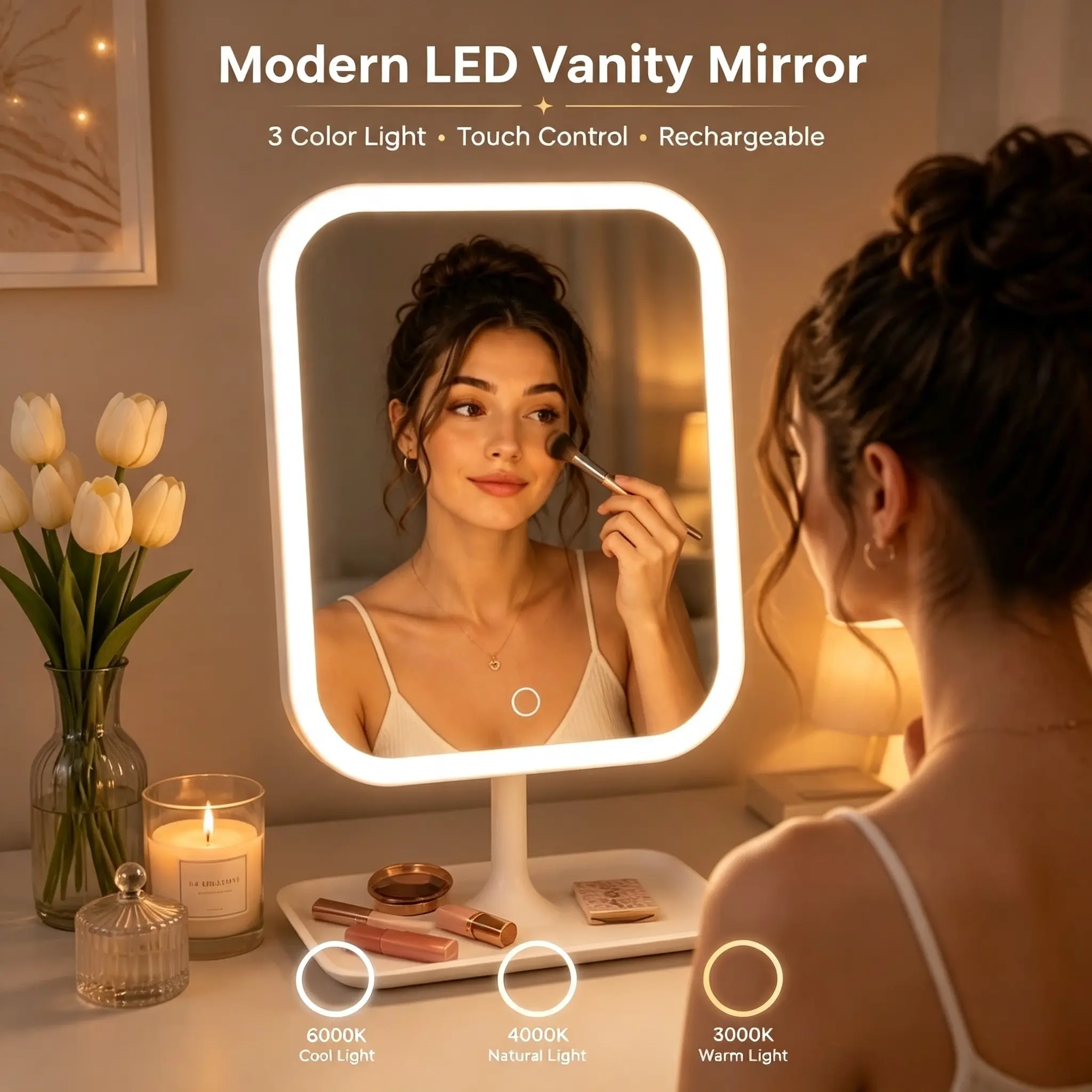 New LED Makeup Mirror with Tray, 3 Color Lighting Modes & Stepless Dimming, Foldable Stand Rechargeable Vanity Mirror, Portable Desktop Beauty Mirror for Skincare, Makeup, Bathroom & Dressing Room Decor