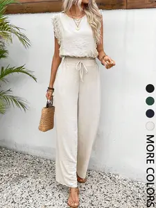Two-piece Set Women's Solid Top & Wide Leg Pants Set, Casual Sleeveless Top & Trousers for Summer, Ladies Clothes Womenswear for Daily Wear, Everyday