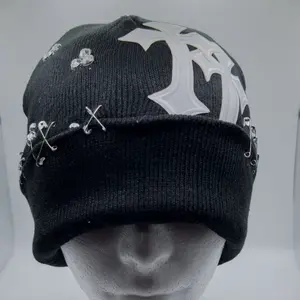 Studded Beanie Hat with Reflective Skulls and Cross Design for Men and Women