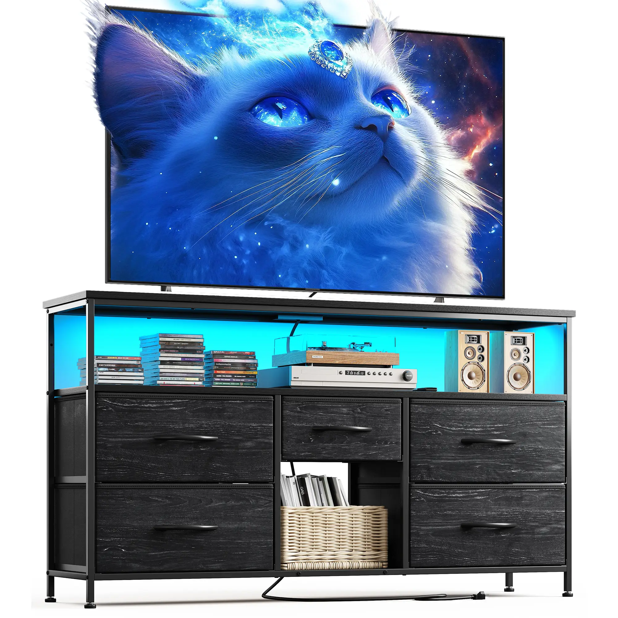 【TiktokShopBacktoSchool】 Raybee Furniture Small Space Drawer Dresser for Bedroom, TV Stand 50" TV with Charging Station & LED, Living Room Dresser wit
