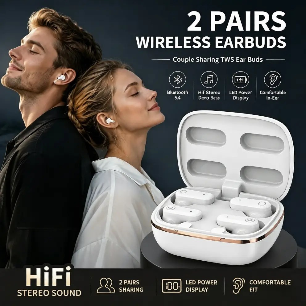 4-Piece Wireless Earbuds (Earbuds Wireless), Bluetooth 5.4 In-Ear TWS Headphones with HiFi Stereo Sound, Heavy Bass, Noise Reduction and Long Battery Life for Couple Sharing, Bass Boost