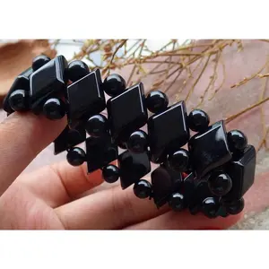 Certified Hand Carved Black Green 100% Natural Myanmar Burma A Jade Jadeite Beads Bracelet 20mm ( It can Adjust from 7-8 Inchs )
