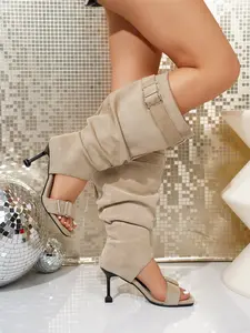 Faux Suede Open Toe Stacked Heel Bootie, Fine High Heel Buckle Strap, Fashionable Women's Shoes, Textile Upper, Rubber Sole, Stylish Elegant Sandals