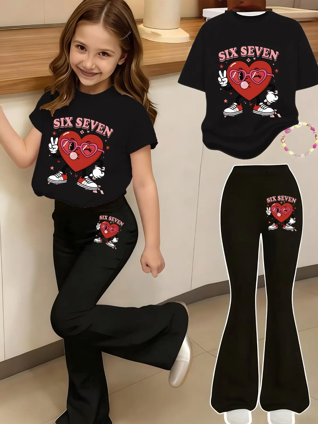 Girls' Valentine Print 2-Piece Set, Casual Fashion Set, Cute Clothing Set, Casual Outfit Set, Casual Sporty Short Sleeve & Bell Bottoms, Comfortable Elastic Waist Pants, Spring Summer