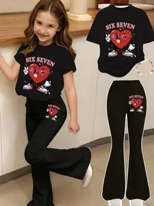 Girls' Valentine Print 2-Piece Set, Casual Fashion Set, Cute Clothing Set, Casual Sporty Short Sleeve & Bell Bottoms, Comfortable Elastic Waist Pants, Spring Summer