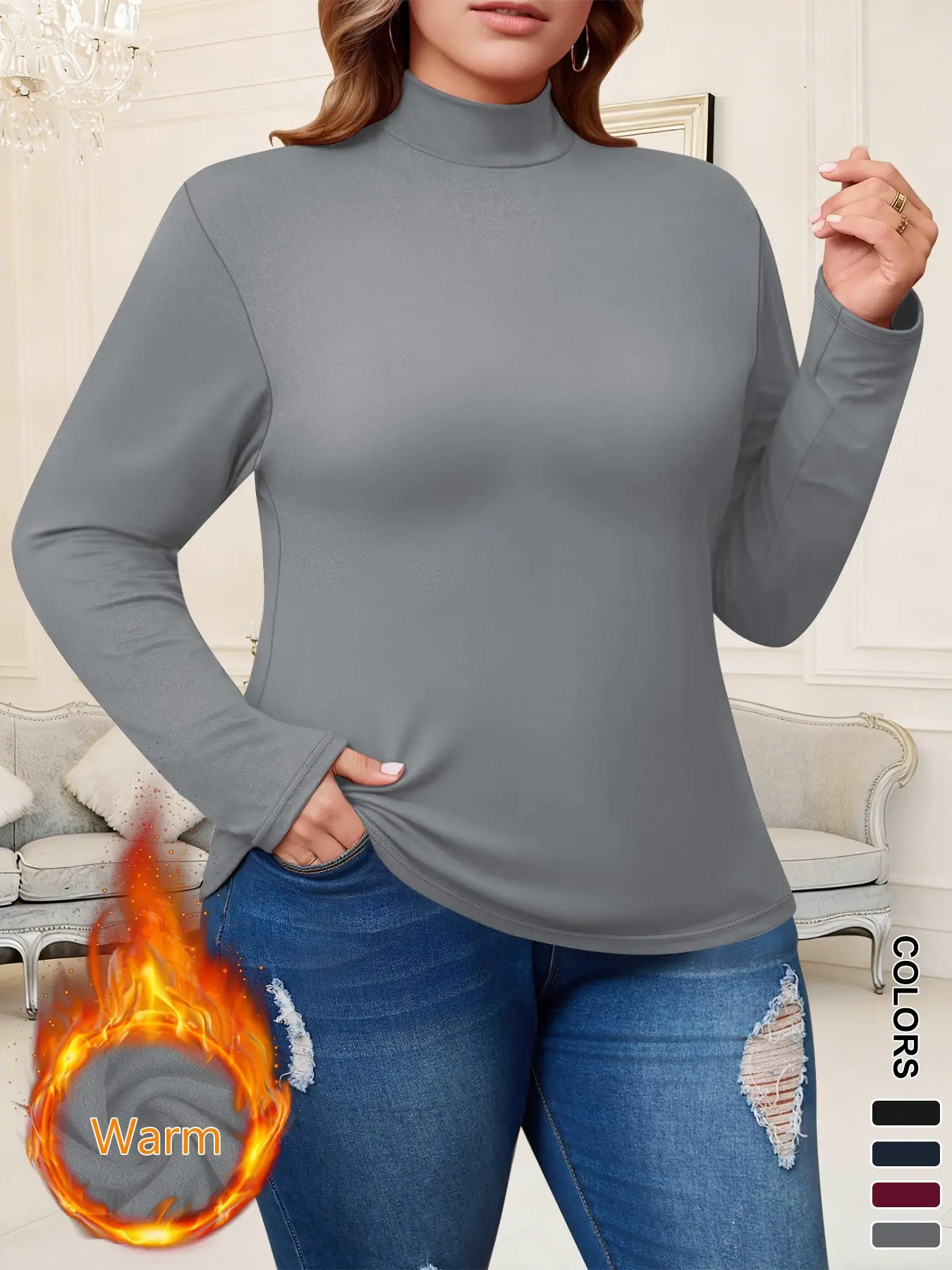 Women's High Neck Long Sleeve Thermal T-Shirt, Basic Solid Casual Fashion Top for Fall & Winter, Comfortable Daily Wear, Perfect Inner Layer