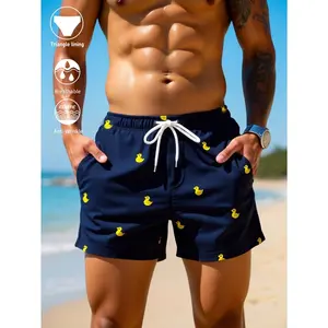 Summer Men's Cartoon Duck Print Drawstring Waist Beach Shorts Swim Wear For Men Men Beachwear Men Swim Trunks Men's Bathing Suit Trunks Men Beach Shorts