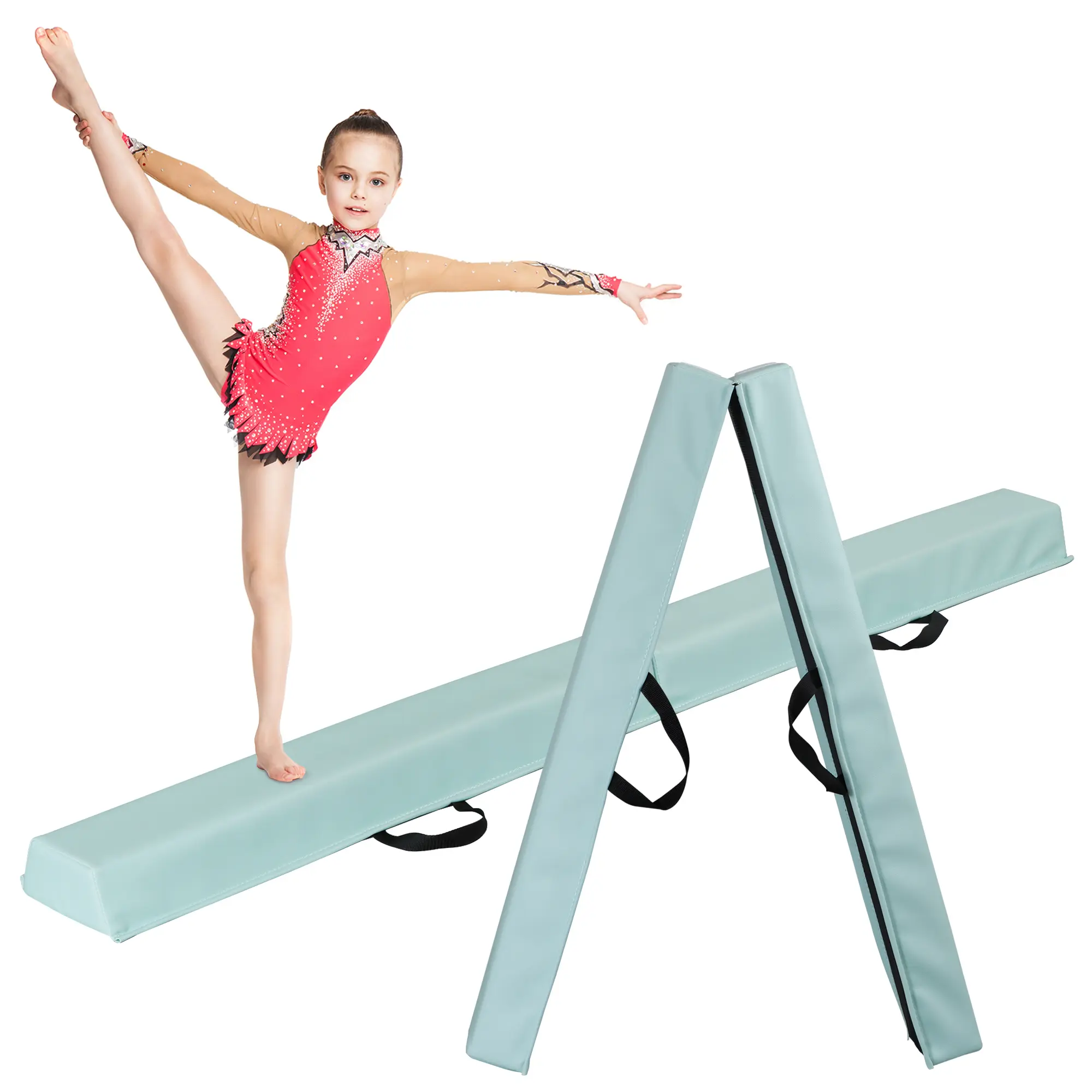 Zeny 6FT Compact EPE Foam Folding Balance Beam - Portable Gymnastics Small Training Equipment for Kid Beginners, with Carrying Handle, Green, Indoor Home Use