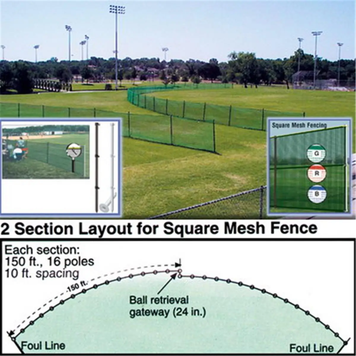 High Quality Outfield Square Mesh Fencing, 150 ft. Roll, 48"h x 150'l, Blue, with Smartpole Staking System (SSN 1196795)