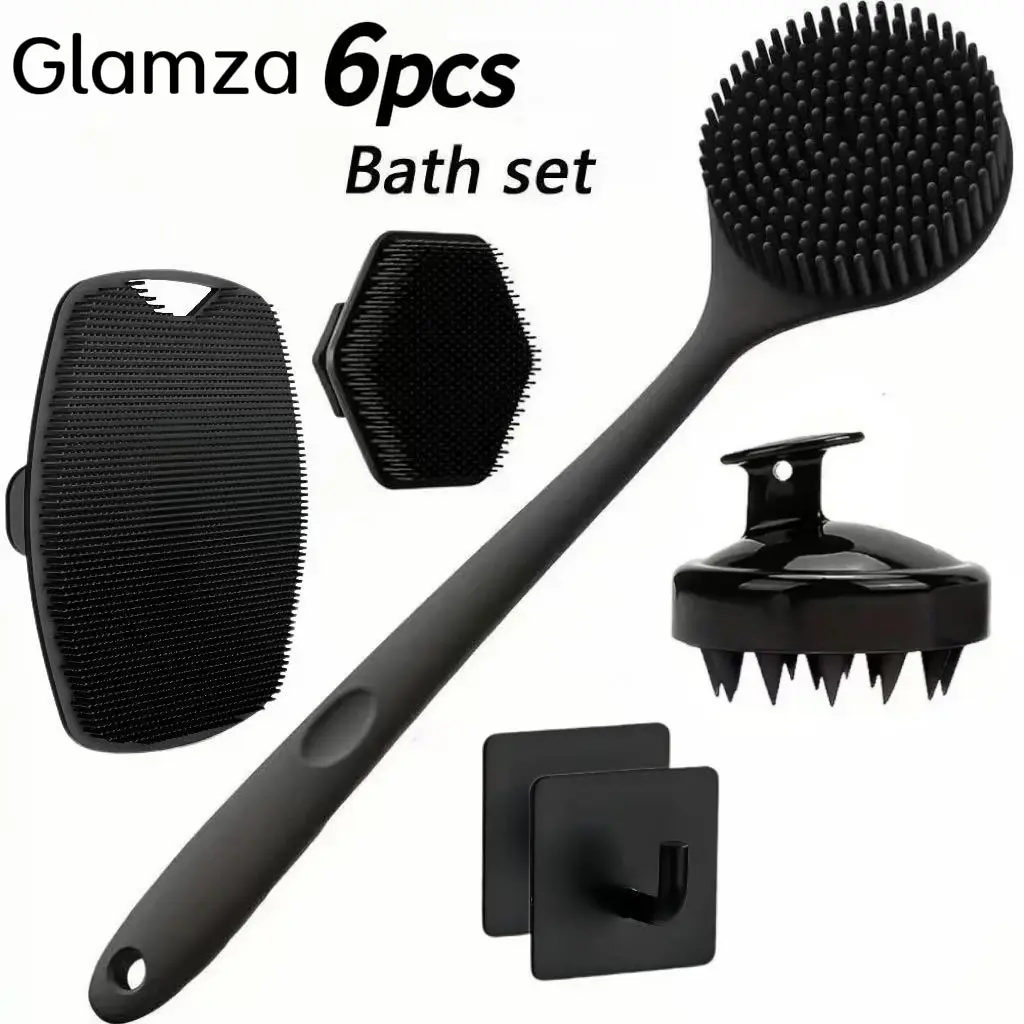 Glamza Silicone Body Care Brush Set, 6 Counts Long-Handle Back & Face Brushes, Bath Brush, BodyBrush for Showering, Hairbrush & Body BackScrubber, Professional Skincare Tools for HomeTravel Use, Shower Brush Exfoliating Tool