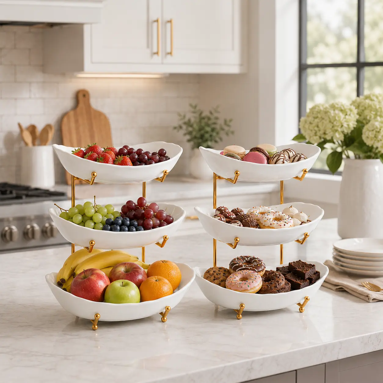 3-Tier Fruit Bowl with Metal Stand – Large Capacity Countertop Organizer for Fruits, Snacks & More, Available in Durable Plastic or Elegant Ceramic Bowls