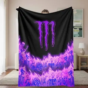 Purple Flame Skeleton Flannel Blanket Gothic Skull Art Print Design Soft Warm Lightweight Plush Throw Cozy Decorative Bedding for Bedroom Living Room Sofa Halloween Party Gift Decor