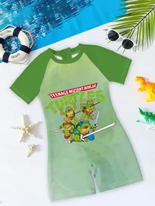Boys' short-sleeve one-piece swimsuit "Ninja Turtles Team Edition", gradient green base with Ninja Turtles print, stretchy, quick-drying and non-irritating to the skin, suitable for swimming pools, hot springs and beach vacations