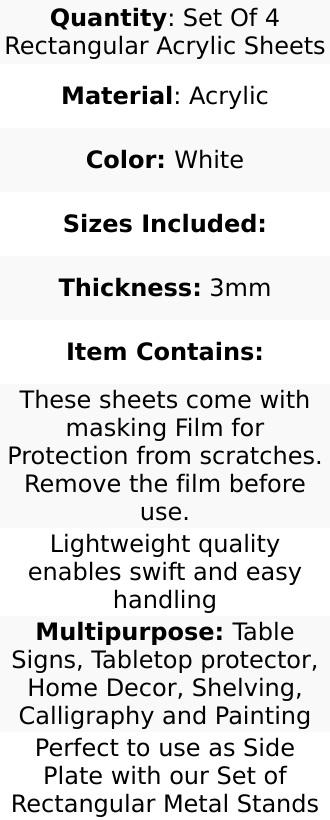 Set of 4 White Acrylic Plexiglass Sheets Rectangular Side Plates - Protective Film Coating