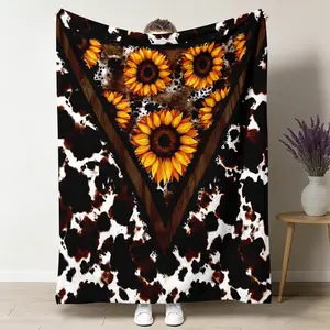 Western Cow Print & Sunflower Flannel Blanket, Ultra-Soft Plush Throw with V-Shaped Design, Cozy Warm Fleece Blanket for Couch Bed, Perfect Farmhouse Home Decor & Gift for Country Style Lovers, All-Season Comfort, Sunflower Pattern