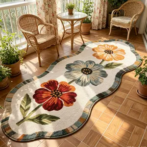Soft Suede Floor Mat - Non-Slip, Machine Washable, Floral Pattern on White Background with Colourful Flowers, Polygon Design, Living Room/Hallway Rug, Living Room Decor, Entryway Decor, Summer/Autumn Home Accent, Luxurious Fine Craftsmanship Bath Mat