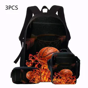 Durable Water Resistant 3-Piece Backpack Set for Kids, Lightweight School Bag with Lunch Box & Pencil Case, 600D Oxford Cloth, Breathable Padded Straps, Fire Basketball Print, Large Capacity Fits 15-inch Laptop, Insulated Lunch Bag, Matching Sports Design