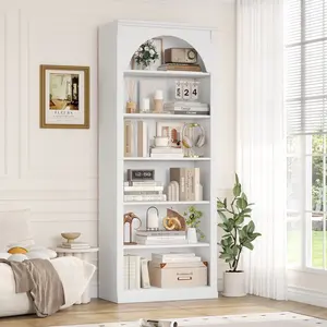 6Tier Arched Bookcase with Pilasters, 72.8 "H Accent Bookshelf with Bark Grain Textures, Bookshelves and Arched Cabinets for Bedrooms, Living Rooms
