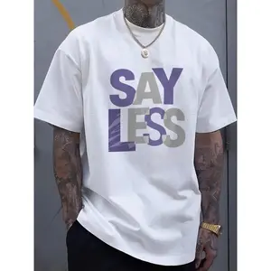 Plus Size Men's Black T-Shirt, Purple and White SAY LESS Print, Suitable for Casual Wear