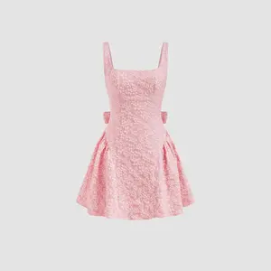 Cider [6 colors, size 0-24] Jacquard U-neckline Floral Backless Bowknot Mini Dress