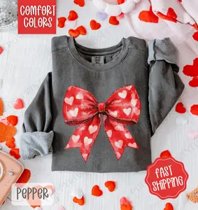 Red Heart Bow Valentines Sweatshirt Comfort Colors, Valentine's Day Women's Crewneck, Holiday Women's Sweater valentine sweatshirt valentine day
