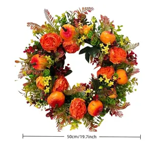 Autumn Peony Pumpkin Wreath, Artificial Floral Decor, Halloween Thanksgiving Indoor Door Hanging, Fireplace Decoration, Fade Resistant Maintenance-Free