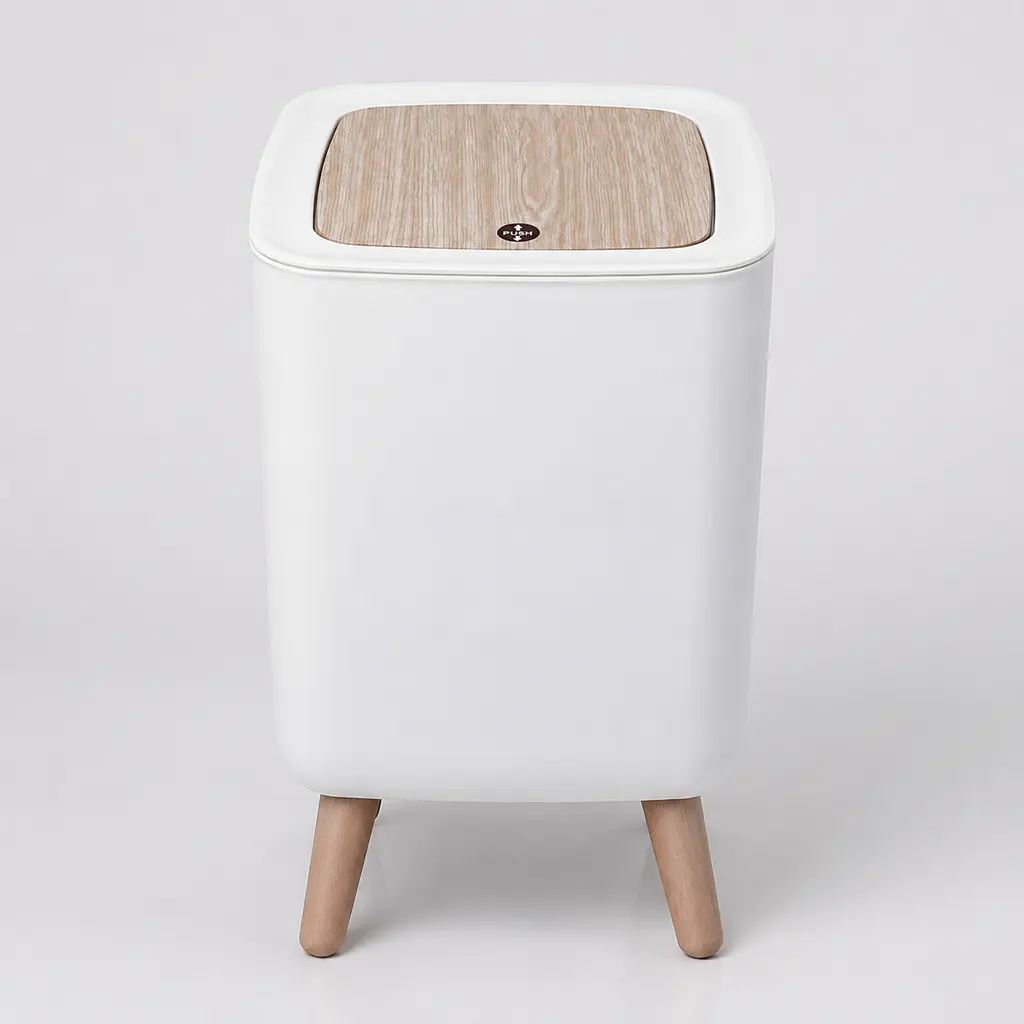 Nordic Sealed Press-Lid Trash Can with Removable Wooden Legs - Single Unit Indoor Bins with Wooden Finish, Dual-Step Door Kit, Small Rolling Design, Grease Bucket Compactor, Food Scraps Storage for Bathroom, Kitchen