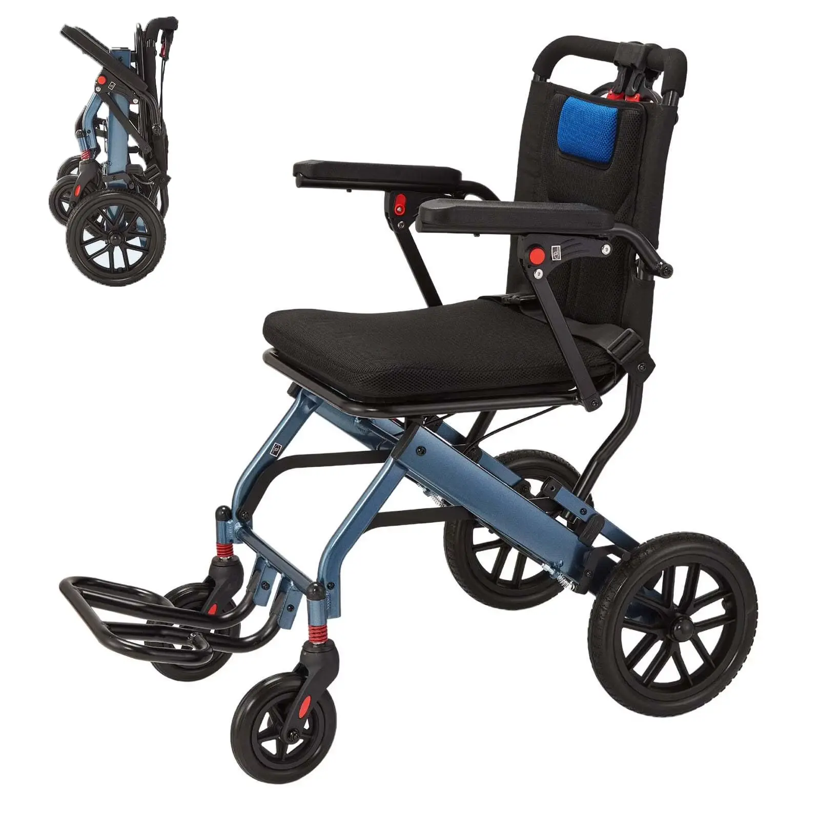 Garvee Upgraded Navy Blue Lightweight Folding Transport Wheelchair, Wide Aviation Aluminum Frame with 10 Inch Shock Absorbing Rear Wheels, PVC Comfort Seat & Two-Stage Brake Mobility Aid