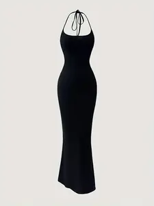 TikTok Viral Black Halter Neck Bodycon Mermaid Dress, Elegant Sleeveless Bodycon, Stretchy Soft Knit Slim Fit Backless Maxi Dress for Party, Date Night & Clubwear, Flattering Silhouette & Adjustable Tie Straps