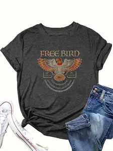 【Plus Size】Women's Plus Size Fitted Crewneck Graphic T-Shirt - Eagle Print Short Sleeve Vintage Casual Top for Summer Daily Wear