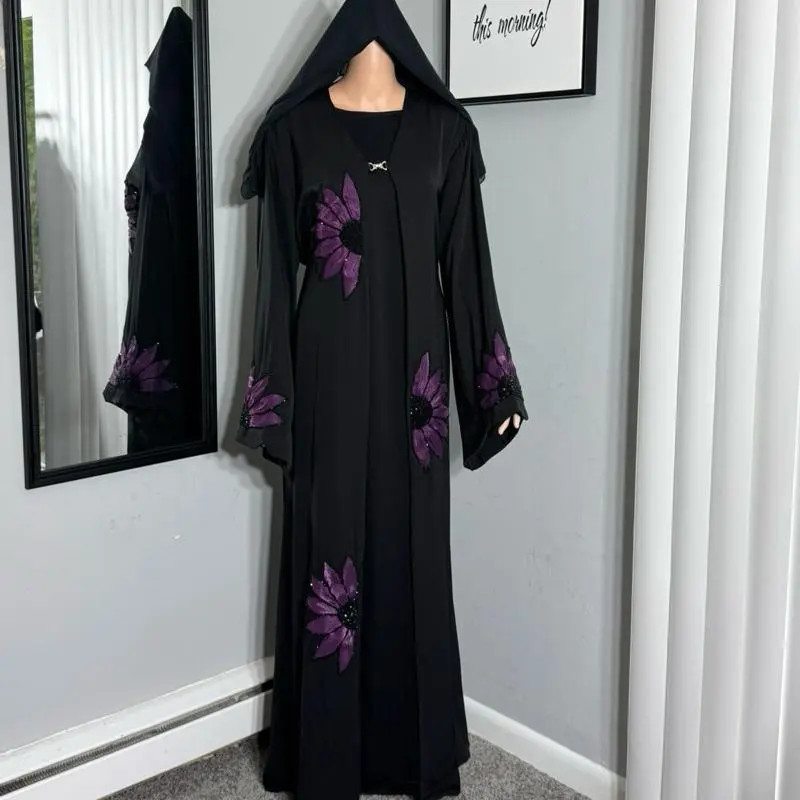 Women's 3-Piece Embroidered Silk Abaya, Black With Purple Details, Traditional Abaya, Luxury Abayas, Modest Fashion Inspo, Elegant Islamic Clothing