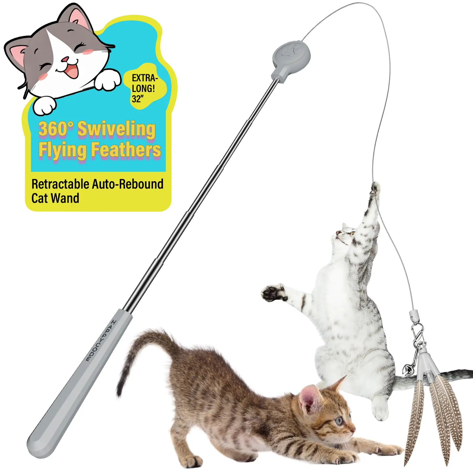 HAPPYCODE Rotatable Plastic Feather Cat Wand - 5-Section Extendable Interactive Toy with Auto-Rebound Cord, Universal Fit for All Cats, Includes 2 Refills for Mental Stimulation & Bonding Gifting