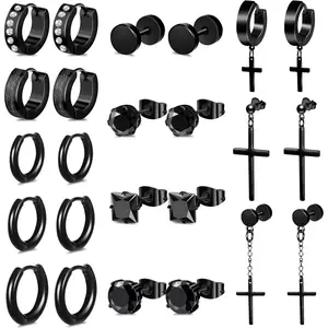 12/18 Pcs Mens Earrings Black Earrings for Men Stainless Steel Earrings   Stud Hoop Punk Earrings Set
