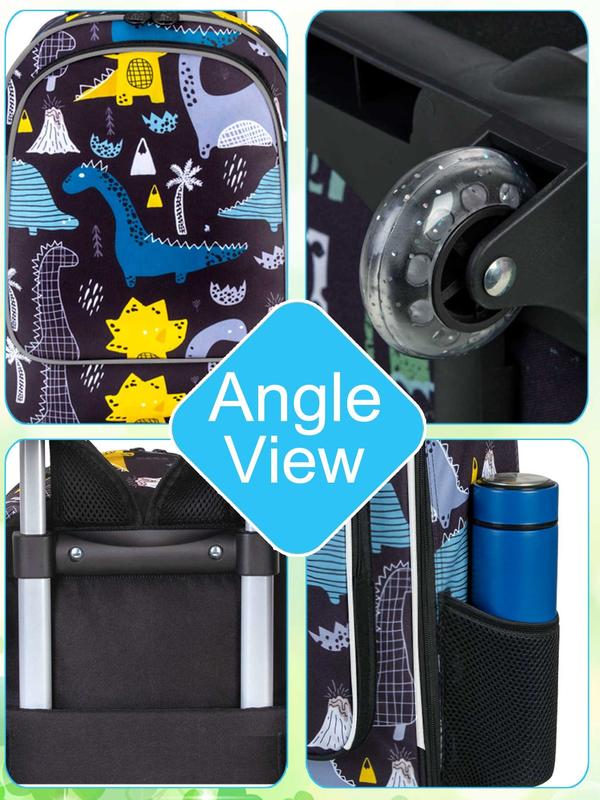 3PCS Kids Rolling Backpack, Roller Wheels Boys Bookbag - Wheeled Suitcase Elementary School Bag - Dinosaur