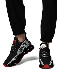 Men's Fashionable Skull & Skeleton Print Lace Up Low Top Sneakers, Casual Comfortable Breathable Sports Running Shoes, Gym Training Sport Walking Shoes