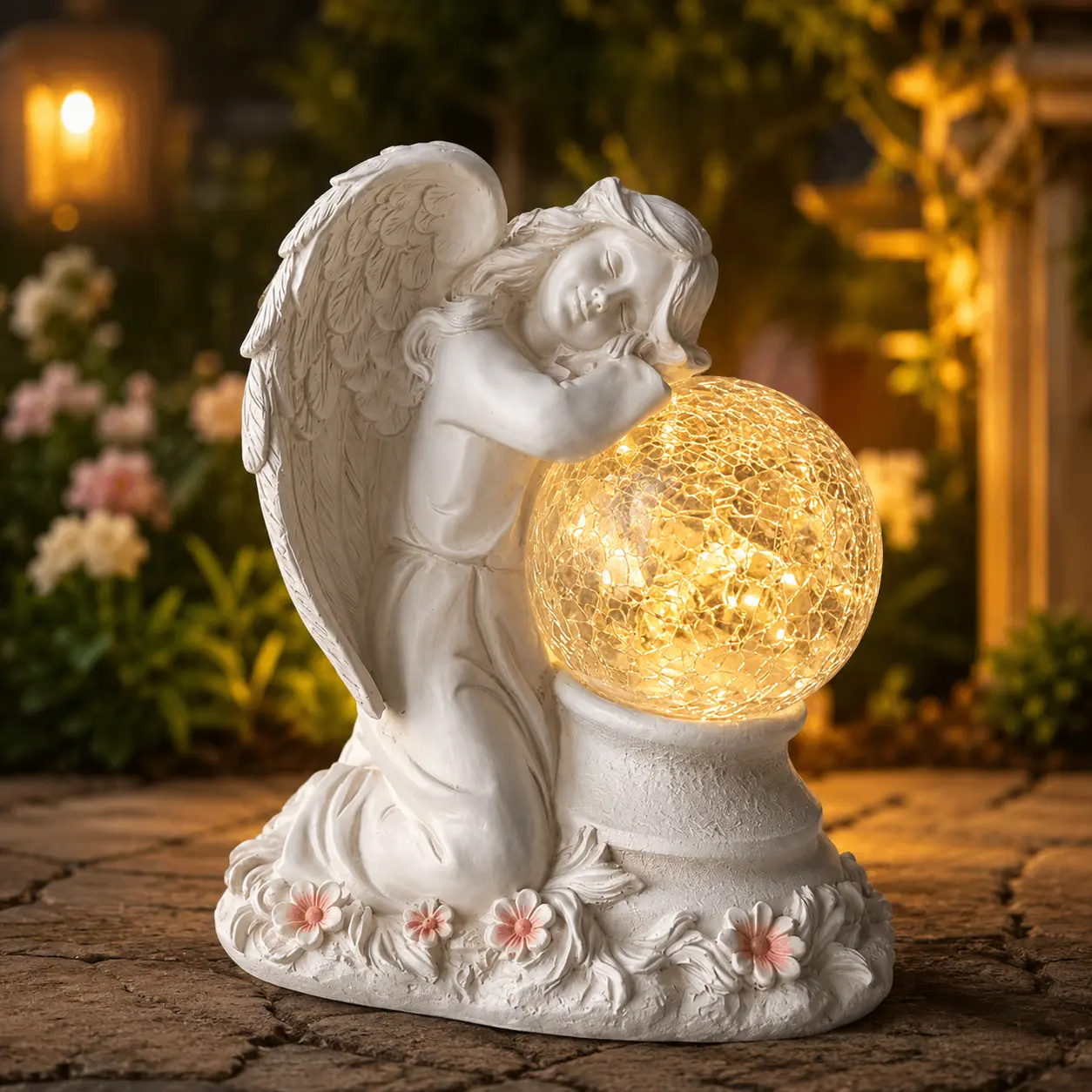 Resin Solar Angel Wing Statue Lamp - Cracked Decorative Glass Globe, Outdoor LED Soft Warm Light, Vintage Home Statues for Daytime Decoration & Cozy Romantic Atmosphere
