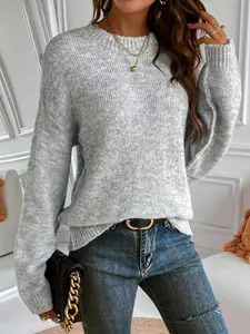 Women's Plain Drop Shoulder Sweater Pullover, Casual Long Sleeve Round Neck Jumper for Daily Outdoor Wear, Ladies Knitwear for All Seasons,Gifts For Women