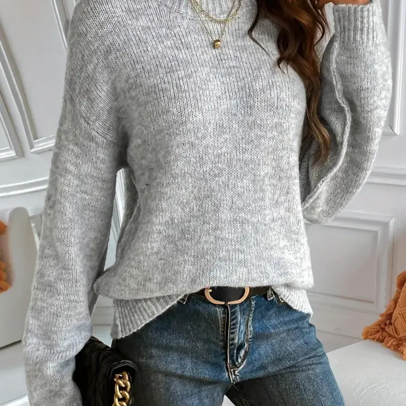Women's Plain Basic Drop Shoulder Knitted Fabric Sweater Pullover, Casual Chic Fitted Long Sleeve Round Neck Jumper for Daily Outdoor Wear, Casual Fashion Knitwear, Gifts For Women, Womenswear, Ladies Knit Tops
