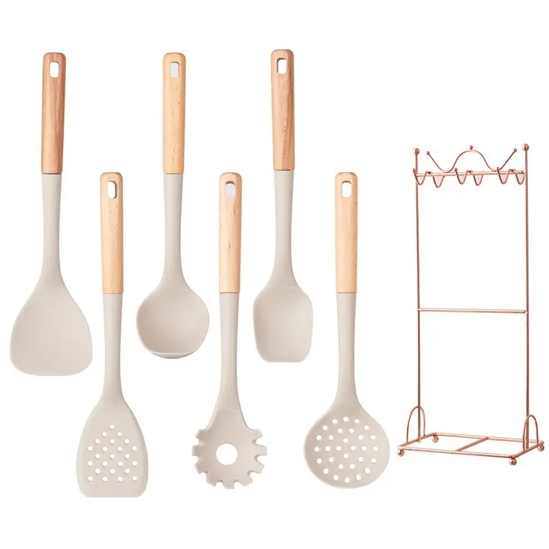 Silicone Kitchen Tool Set with Beech Wood Handle, Non-Stick Pot Spoon, Skimmer Strainer, Iron Stand, Durable Cooking Utensils