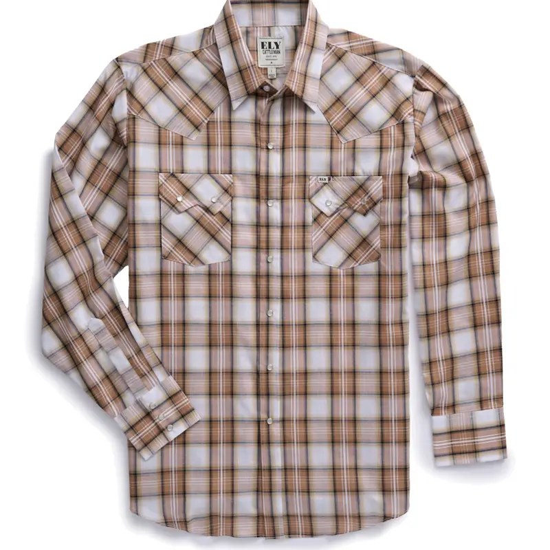 Men's Ely Cattleman Long Sleeve Textured Plaid Western Snap Shirt- Teal & Khaki
