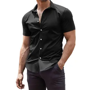 Coofandy Men's Black Short Sleeve Fitted Shirt - Breathable & Wrinkle-Free 4-Way Stretch Fabric for Casual Wear