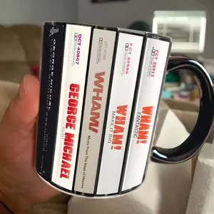 [SALE UP TO 51%] George Michael Cassette Albums Retro Mug, Vintage Pop Tape Art Coffee Cup, Classic Album Collection Gift for Music Fans