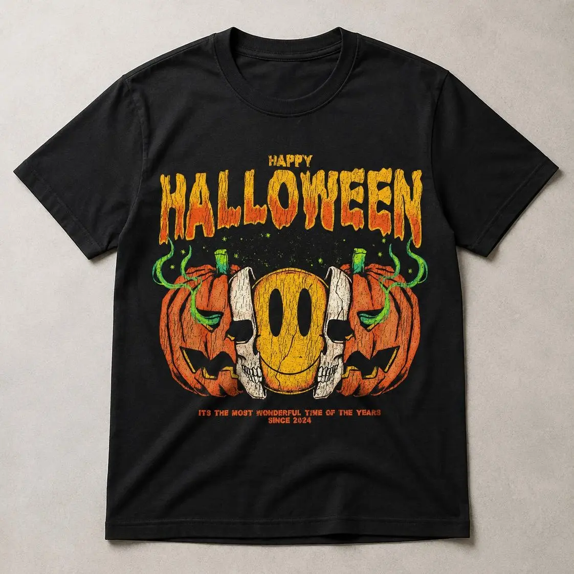 Vintage Halloween Smiley Face T-Shirt - Upper Right Chest Print Spooky Graphic Tee